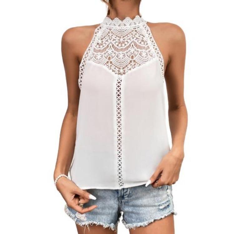 Neckholder Weste Damen Lässige Tops Einfarbige Spitze Dekoration Durchbrochene Spitze Stickerei