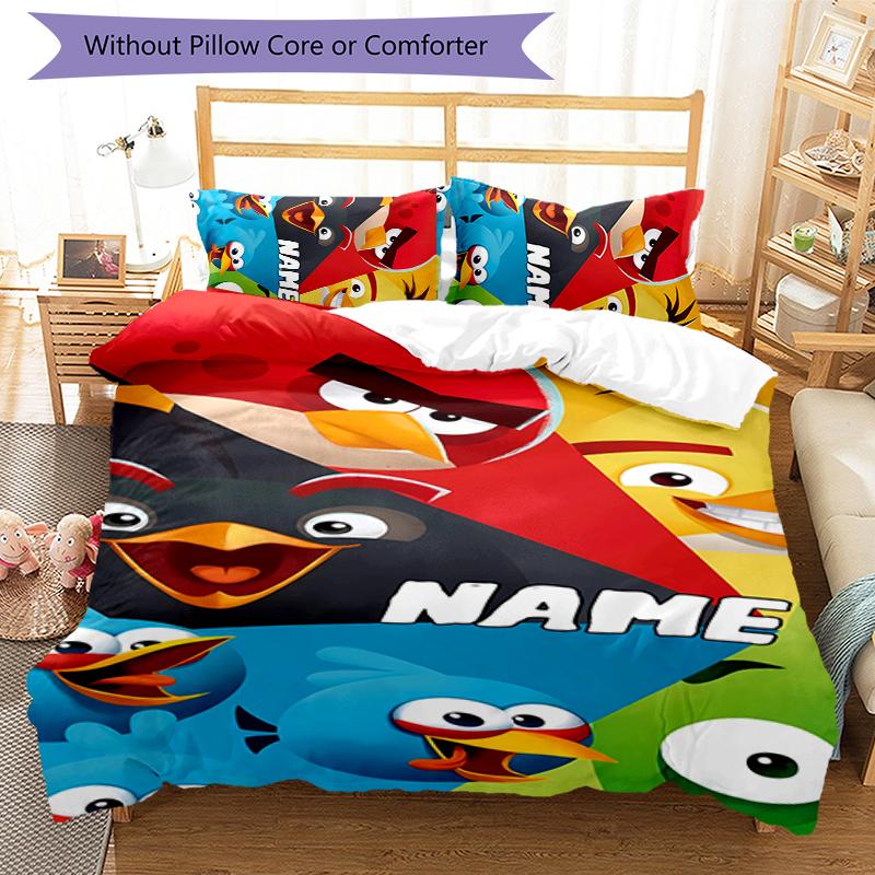 3pcs Custom Name Angry Birds game Bedding Set Duvet Cover Closure Includes 1 Duvet Cover & 2 Pillowcases for All Seasons Bedroom Decor