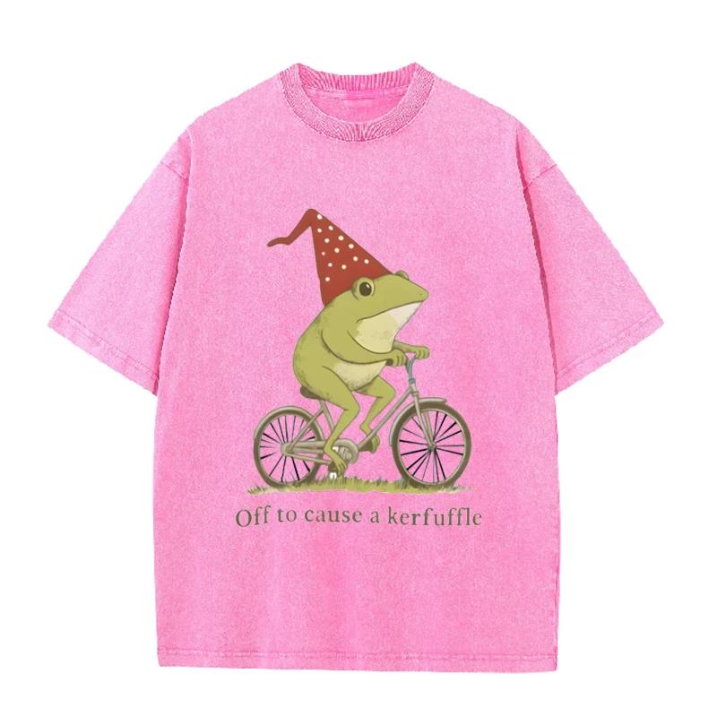 Funny Frog Bicycle Print Vintage Washed Gray Casual Streetwear T Shirt