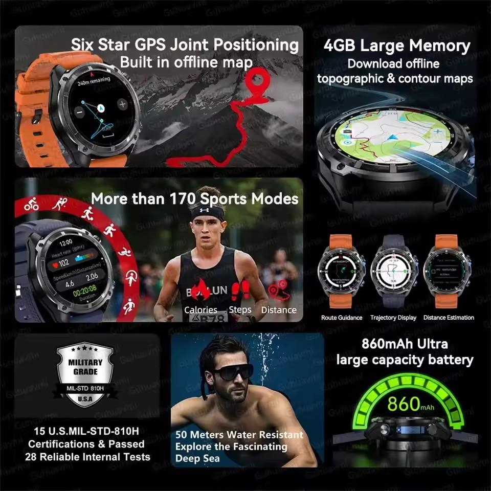 New Tactical Sports Smartwatch Built-in GPS Offline Map 4GB Memory 5ATM Waterproof Swimming Men Militray Smart Bracelets