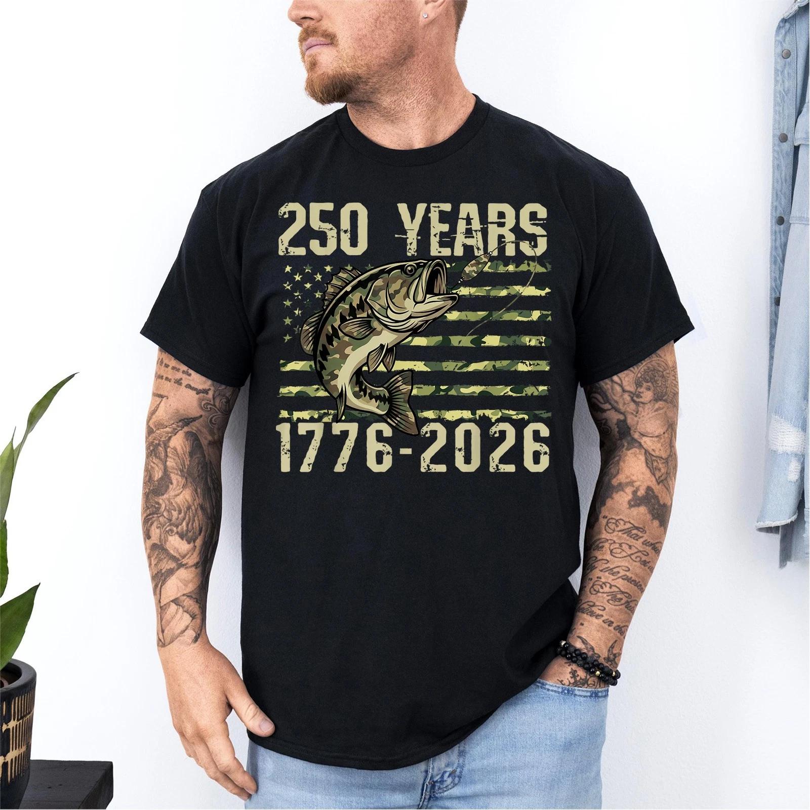 

250th Anniversary USA 250 Years Birthday Bass Fishing Camo Patriotic T-Shirt 4XL
