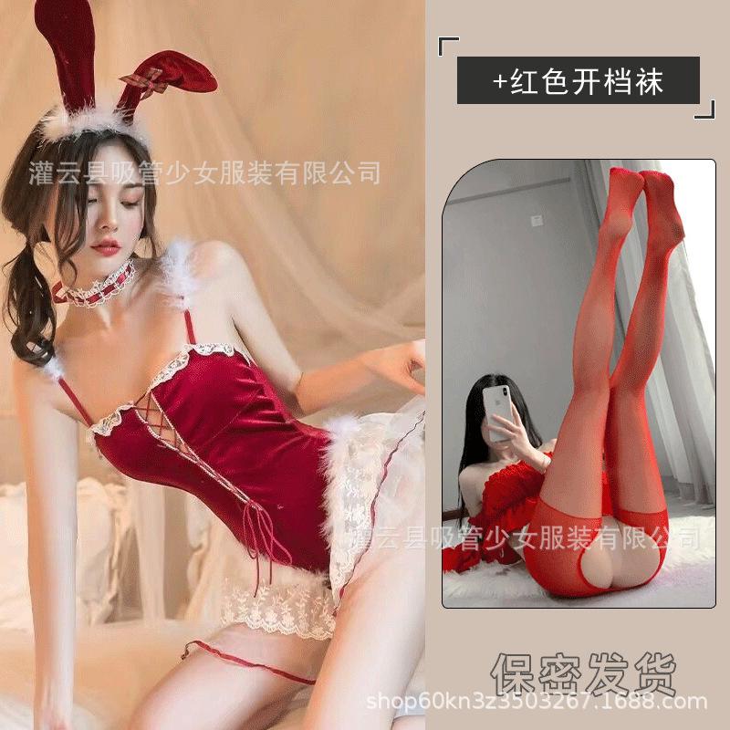 Sexy lingerie sex cos bunny lace red maid straps christmas