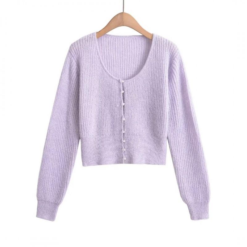 Soft Knit Cardigan Women U-Neck Short Cropped Sweater With Pearl Buttons Mohair Blend