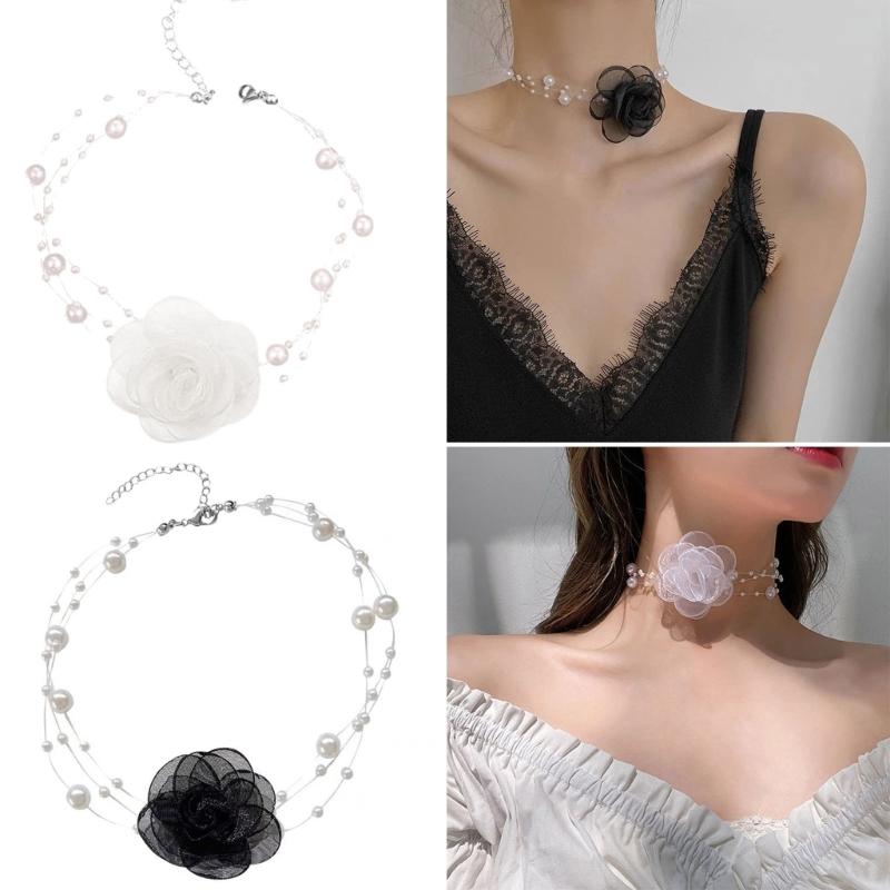 Elegant Multilayer Pearl Choker Necklace Vintage Lace Flower Chain Necklace For Women Fashion Wedding Jewelry Gift