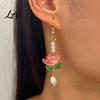 Elegant Floral Earrings 1 Pair Lotus Flower for Women Vintage 3D Pink Nature Inspired Accessories Dangle Drop Earring Faux Crystal Jewelry