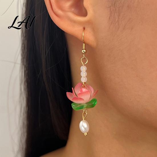 Elegant Floral Earrings 1 Pair Lotus Flower for Women Vintage 3D Pink Nature Inspired Accessories Dangle Drop Earring Faux Crystal Jewelry