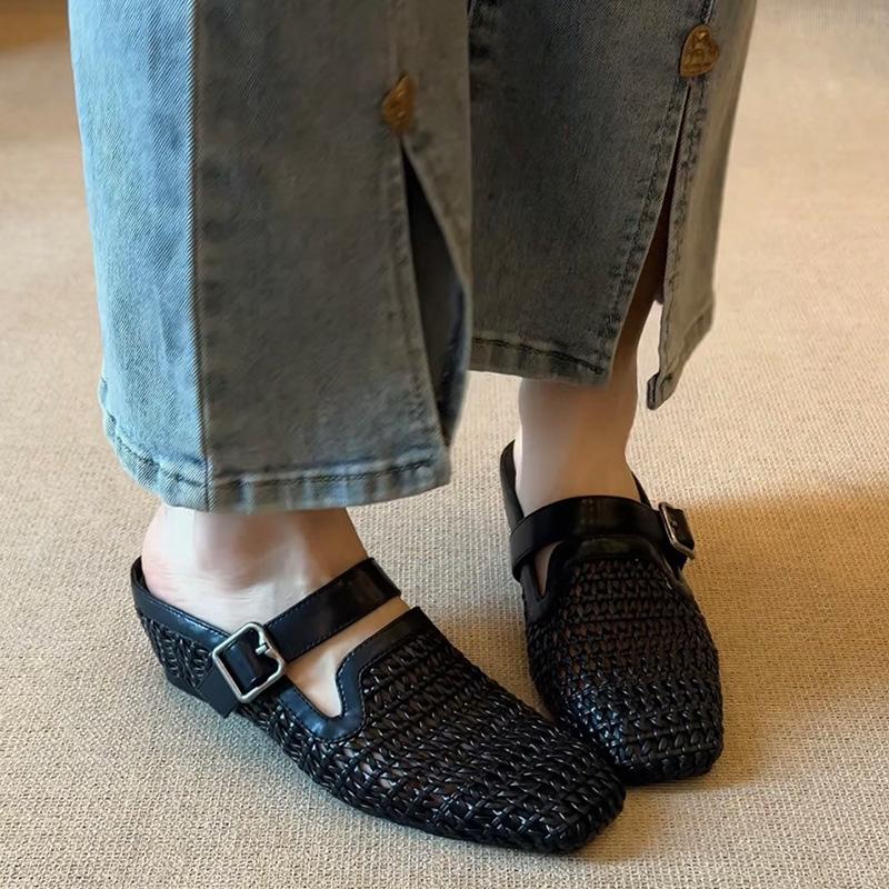 Sheepskin Version~ Woven Holiday Slope Heel Bag Head Cool Slippers Women Wear One-pedal Belt Buckle Shoes