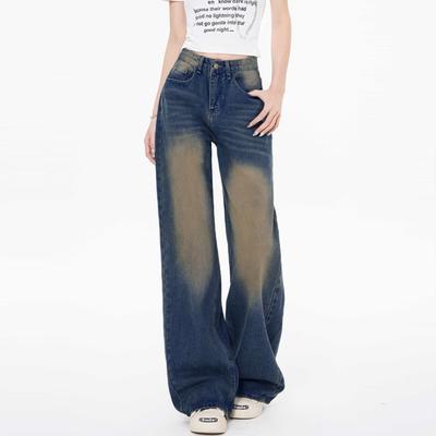 Personalisierte American Washed Wide-Leg Jeans Damen Frühling und Herbst neu hochtailliert locker gerade Wischmopp-Jeans