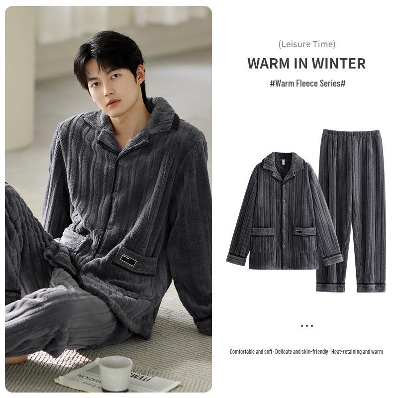 Men's Plus Size Flannel Cardigan Pajamas - Thickened Velvet Winter Homewear