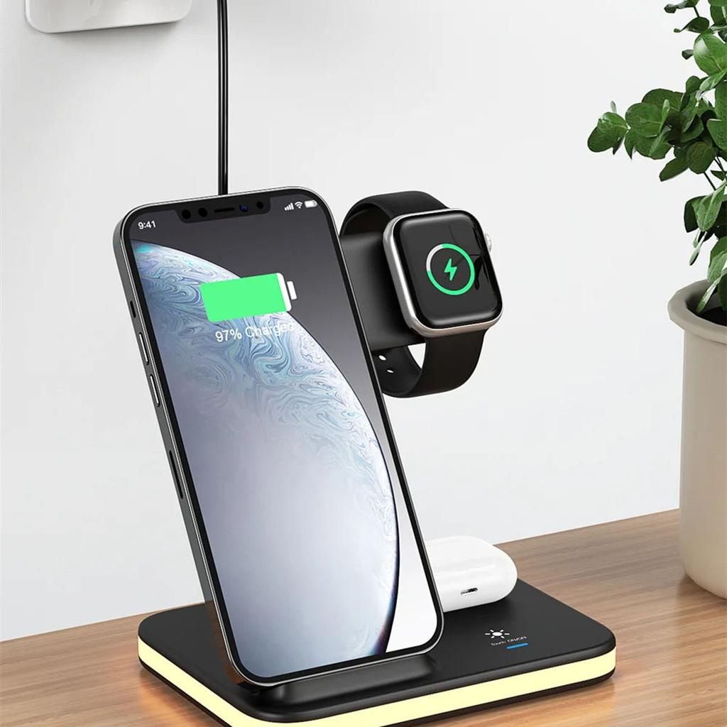 E6 4-in-1 15W Wireless Charger Phone Watch Earphone Charging Stand Night Light