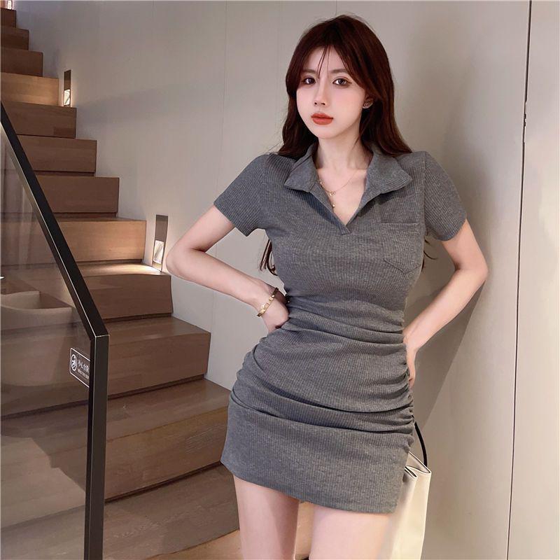 Slim-Fit Polo Collar Dress for Women, One-Piece Bodycon A-Line Skirt, 2026 Summer Trend, Solid Color.