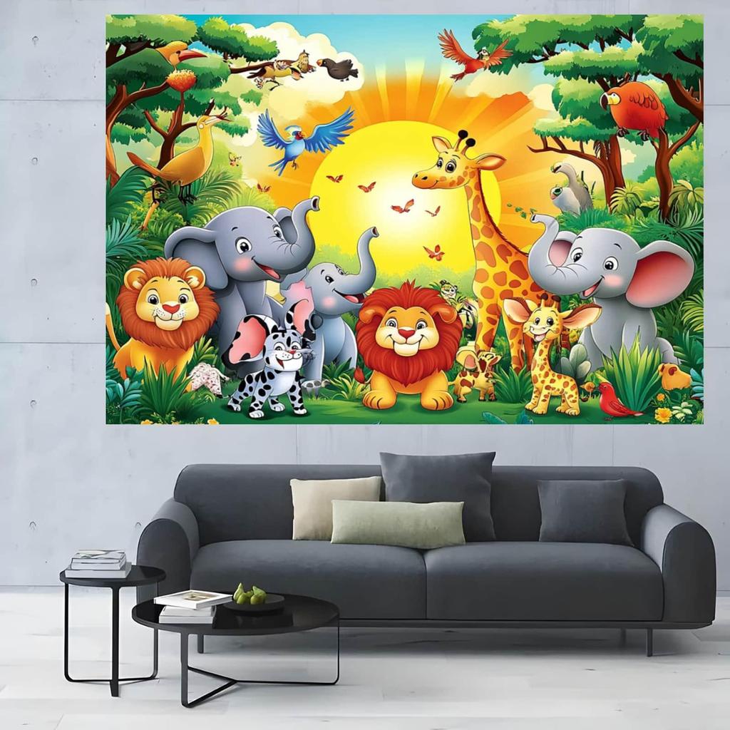 2Dflat1: A Vibrant Jungle-themed Party Banner Featuring Wild Animals Such As Elephants, Giraffes and Lions.