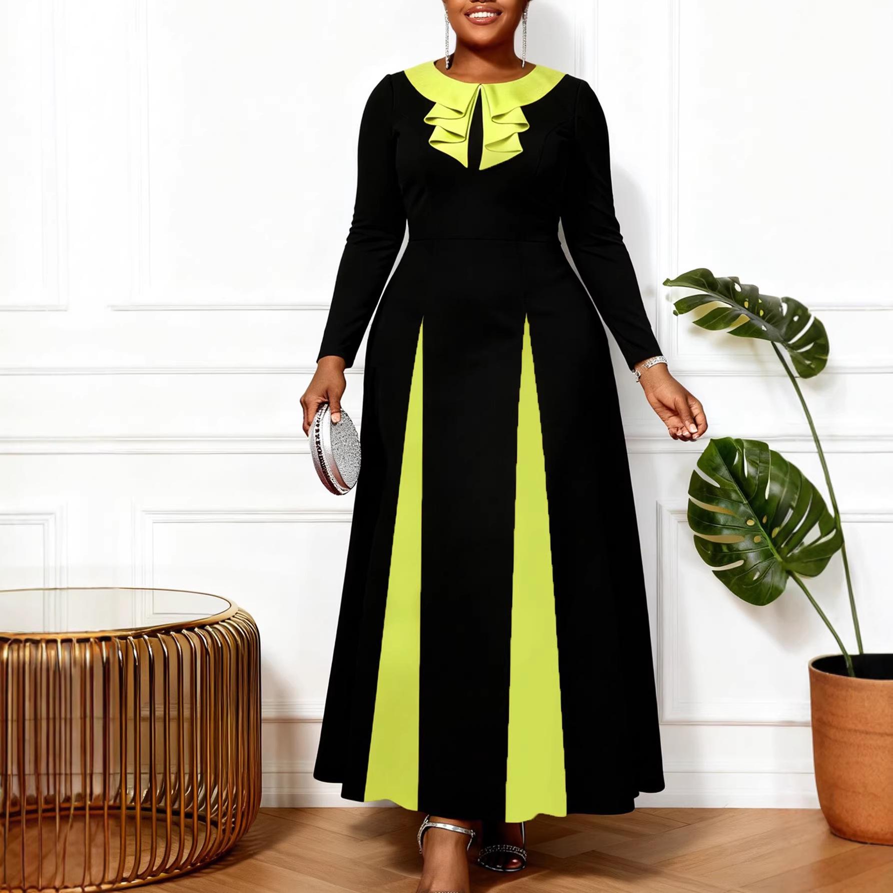 

Elegant Plus Size Color Block Ruffle Neck Dress with Cinched Waist and Large Hem for Formal Events XXXXXL