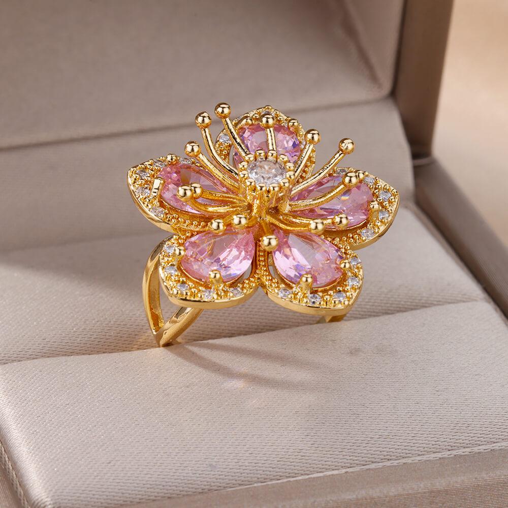 Stainless Steel Blue Zircon Flower Ring For Women Open Adjustable Flower Ring Wedding Aesthetic Jewelry Gift bijoux femme