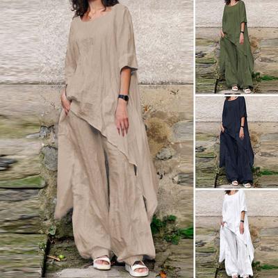Women's Cotton Linen Set Vintage Fashion Irregular Top with High Waist Wide Leg Pants 2 Piece Set Casual Elegant Women's Solid Color Set
