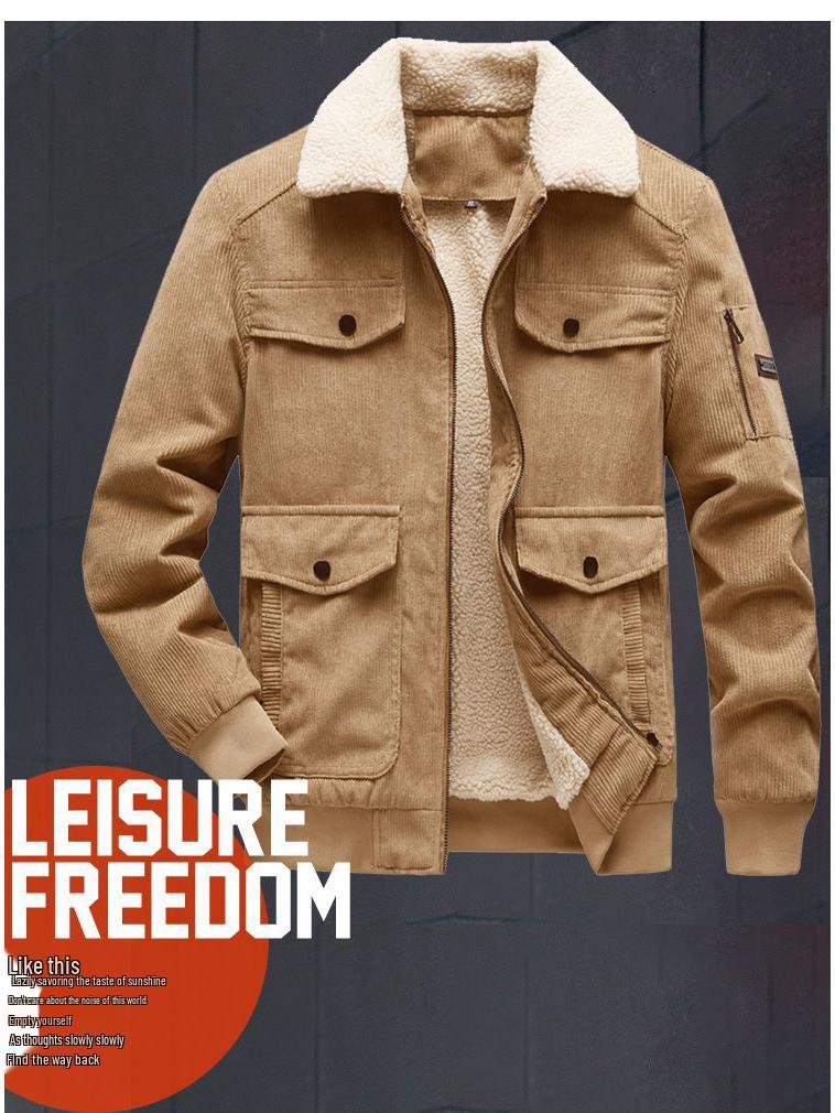 Men's 2025 Korean Style Corduroy Cotton Jacket with Lambswool Fleece Lining and Large Pockets