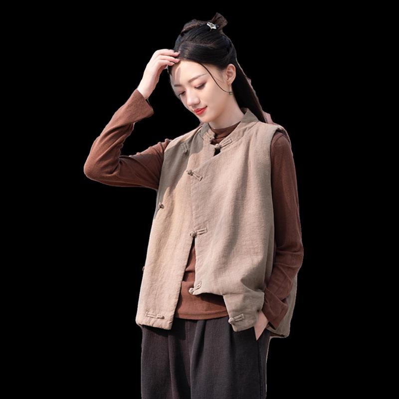 Women's 2025 Winter Ethnic Style Retro Cotton Vest with Stand Collar and Handmade Frog Buttons