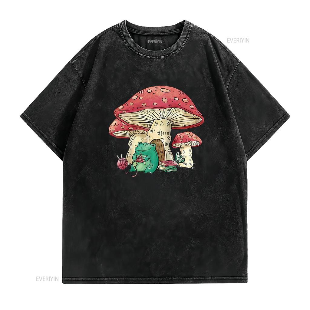 Frog And Mushroom House Toad Knitting Cute Raglan Baseball T Shirt Black 3X Large Vintage Washed Homme Slightly Soft Versatile