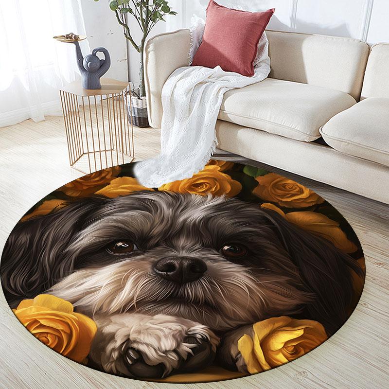 Shih Tzu & Flowers Pattern Round rug,Carpet Rug for Living Room Bedroom Playroom ,Non-slip Floor Mat,Holiday Gifts and Birthday Gifts.