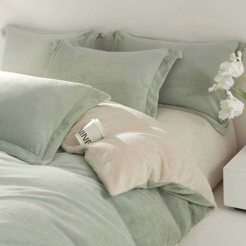 Solid Color Thickened Milk Fleece Four-Piece Set Double-Sided Fleece Coral Fleece Quilt Cover Flannel Bed Sheet Three-Piece Set