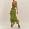 Women's Green Halter Neck Maxi Dress with Asymmetric Hem and Keyhole Cutout