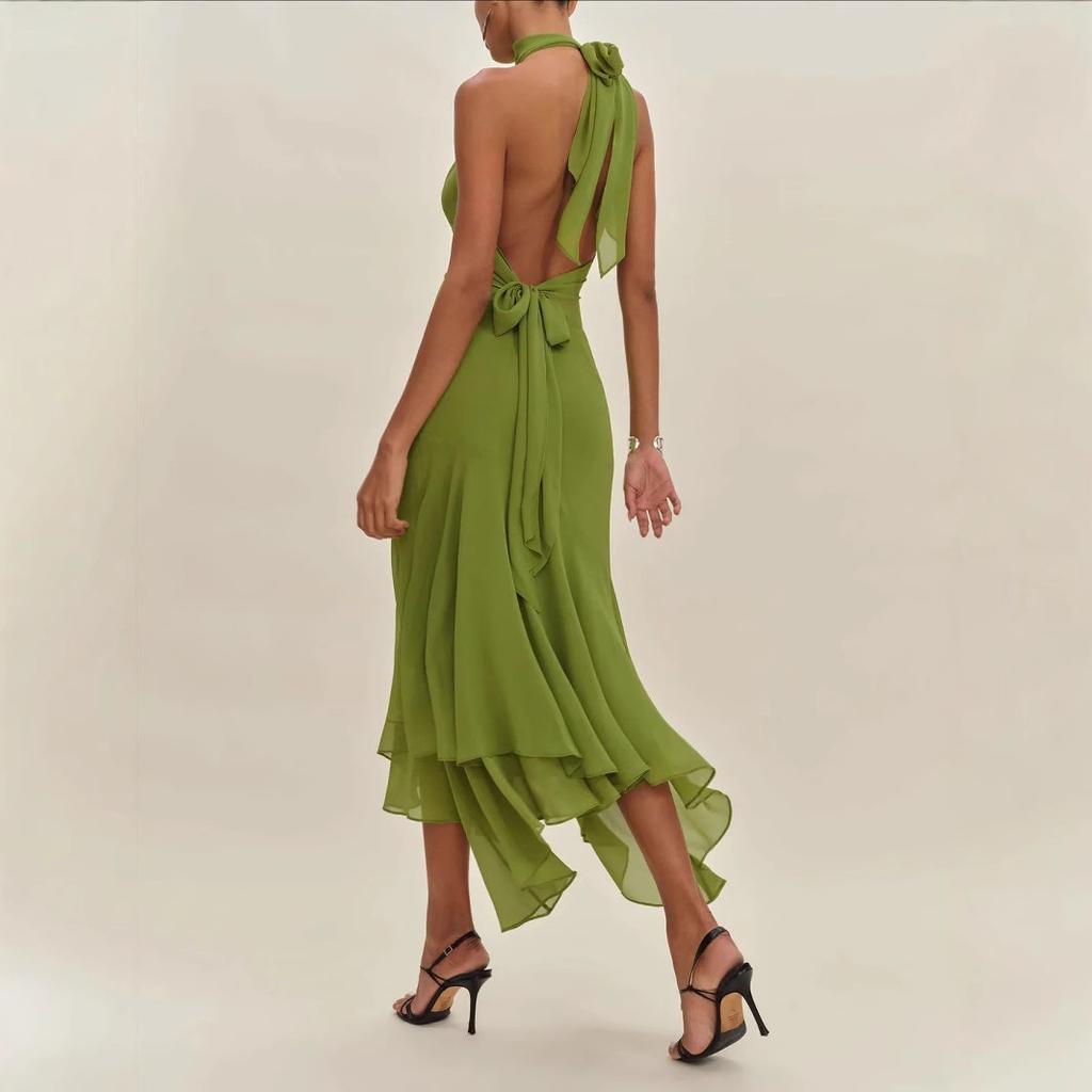 Women's Green Halter Neck Maxi Dress with Asymmetric Hem and Keyhole Cutout