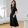 Hepburn-Style Black Chiffon Shirt Dress - Slimming Waist, Elegant Long Skirt for Women