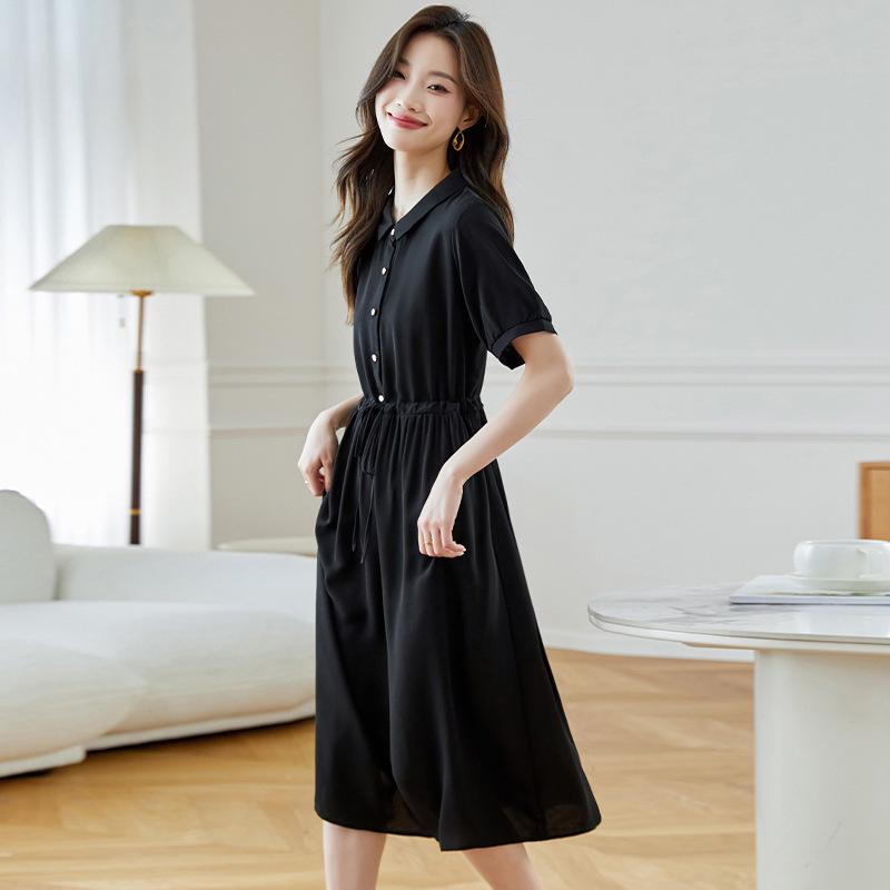 Hepburn-Style Black Chiffon Shirt Dress - Slimming Waist, Elegant Long Skirt for Women