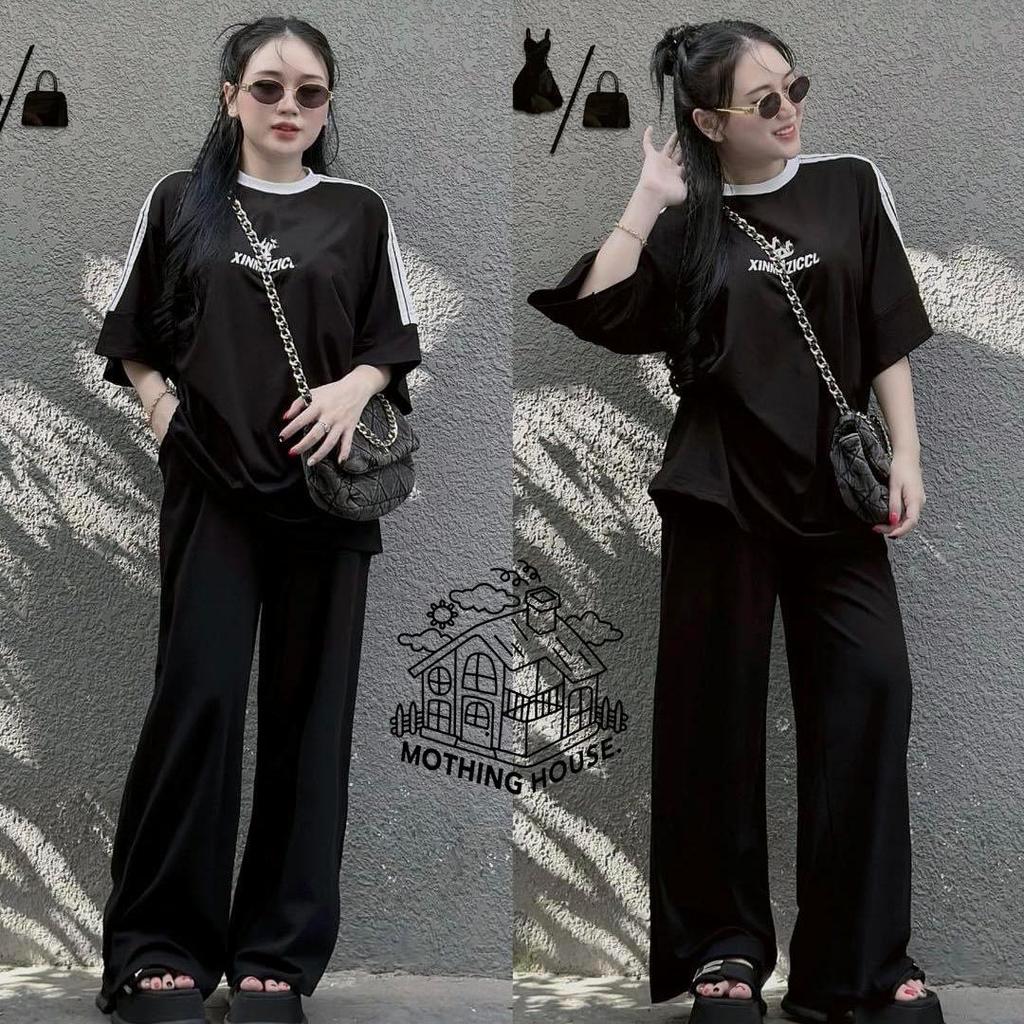 American-Style Women's Summer Fashion: Embroidered Letter Loose Two-Piece Set with Short Sleeve Top & Wide-Leg Pants, Plus Size