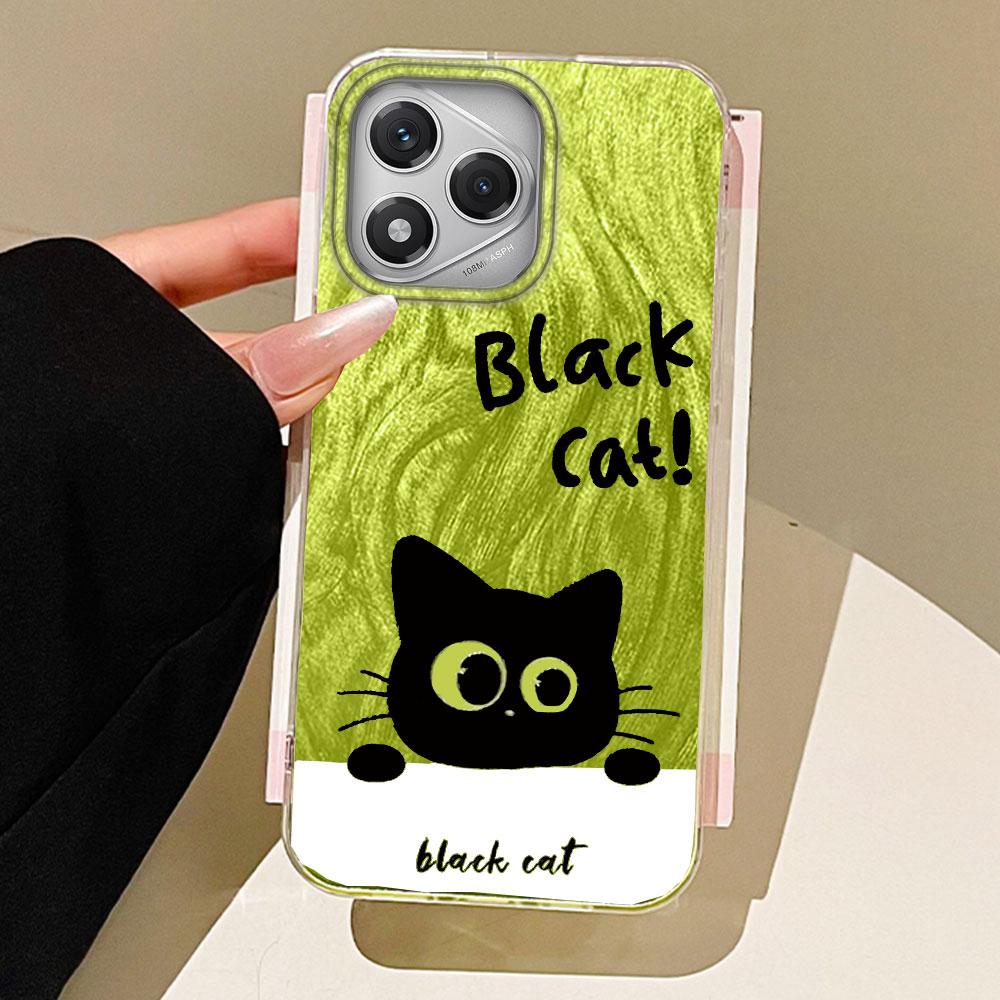 Green Cartoon Black Cat Camlet Texture Phone Case for Honor 400 200 Pro Magic7 6 5 Lite X9a X9c X8b X8a X8c Silicone Shell Cover