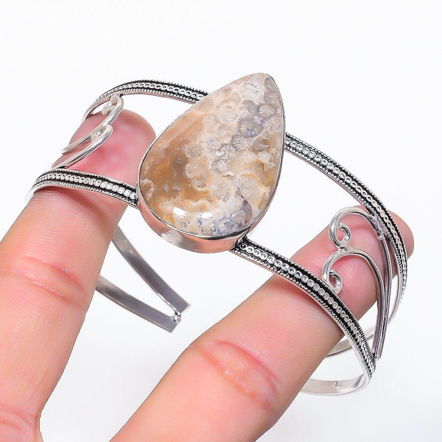 

Natural Fossil Coral Gemstone 925 Sterling Silver Cuff Bangle Adjustable p5t33