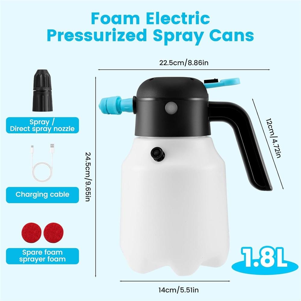 Electric Foaming Sprayer with USB Charging, 1.8L Electric Pressurized Foaming Sprayer