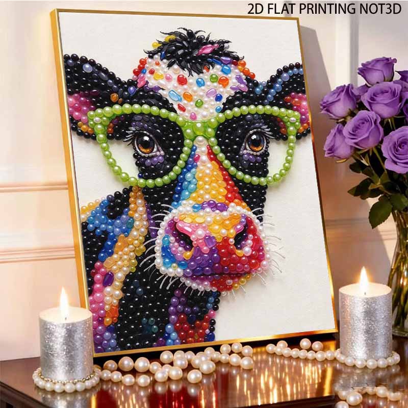 Colorful Cow with Glasses Pearl Painting Kit with Frame Sparkling Bead Canvas Creative Leisure Craft for Wall Decor and Home Gift