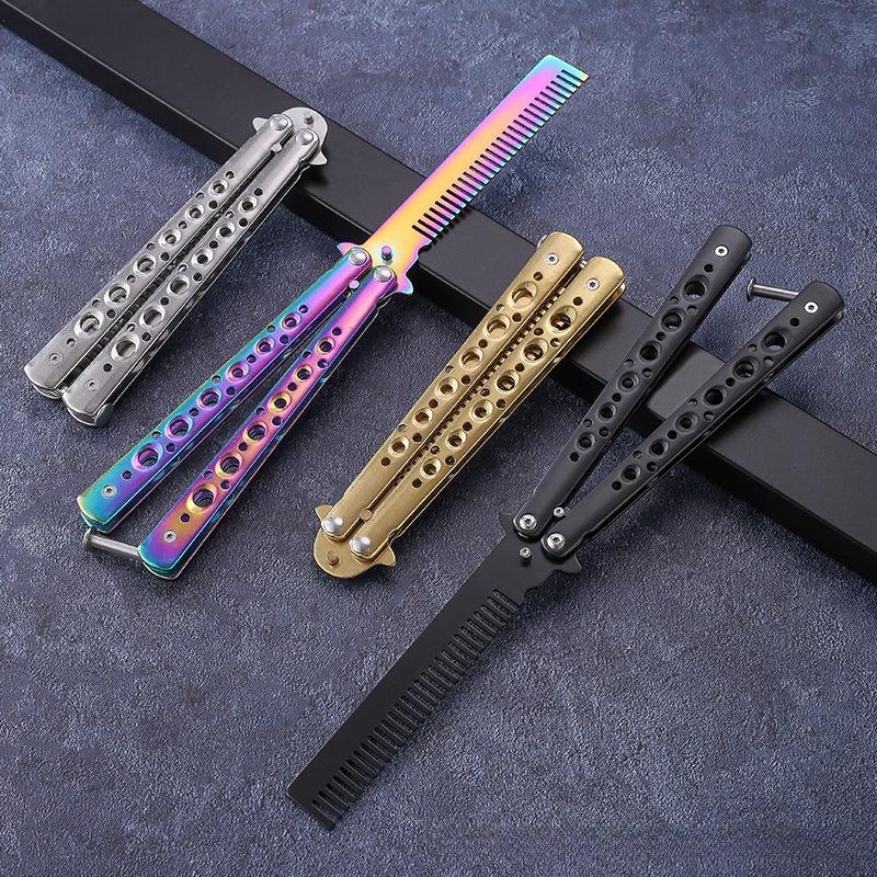 Professional Stainless Steel Folding Butterfly Knife Portable Training Beard Comb Hair Styling Tool for Salons and Practice Comb