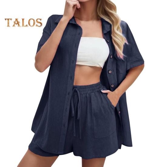 2 Piezas/Set Set Camisa y Shorts para Mujer Color Sólido Mangas Cortas Cuello Solapa Blusa Cintura Alta Holgado Largo por Encima de la Rodilla Set de Pantalones Atuendo Casual para Ir al Trabajo