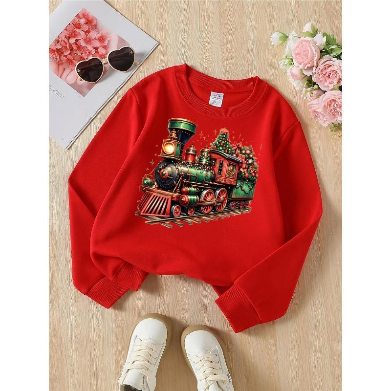European Sizes Christmas Train Holiday Decorative Pattern Girls' Crewneck Sweatshirt, Autumn Winter Western Top, Long Sleeved Casual.