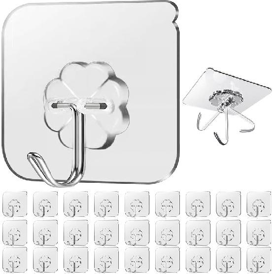 28 Pack Sticky Hooks for Hanging Heavy Duty, Wall Hooks Adhesive, Clear self Adhesive Hooks for Wall, Kitchen, Bathroom, Shower & Ceiling 28 Hooks