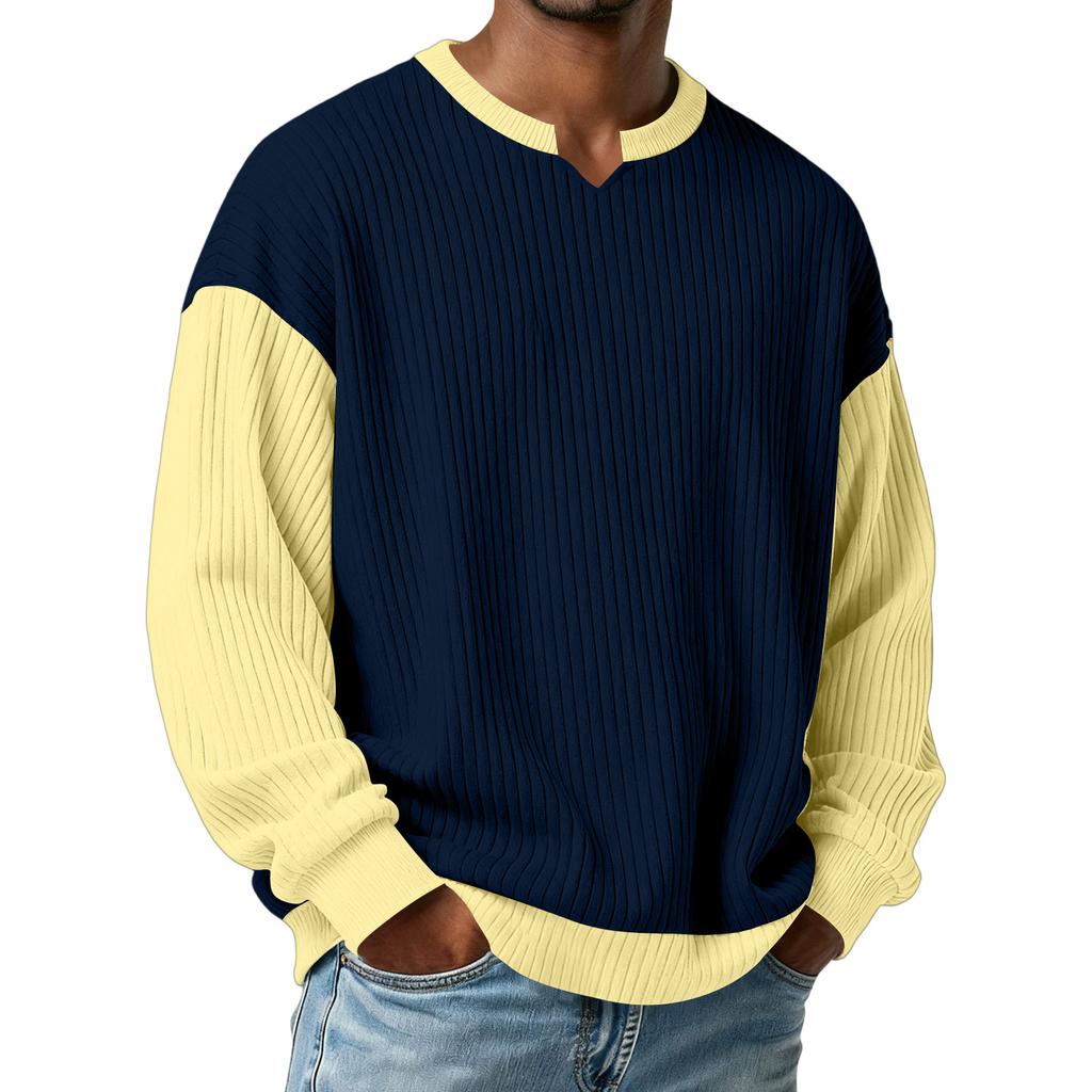 Men's Color,Blocked Stylish V,Neck Ribbed Textured Long,Sleeve T,Shirt