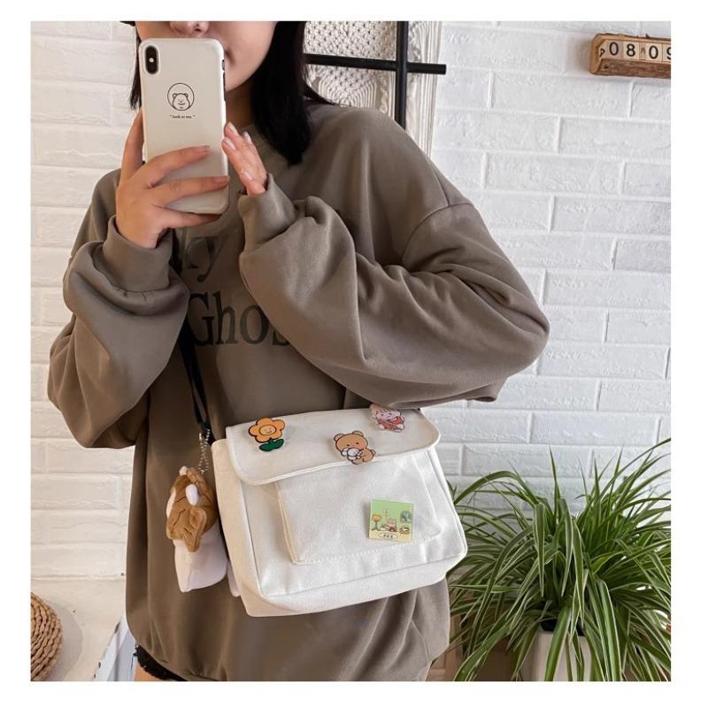 Cute Canvas Crossbody Bag for Women Small Square Shoulder Handbag with Pendant