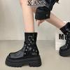 Small thick-soled heightened thick-heeled short boots leather Martin boots women's belt buckle locomotive boots medium boots knight boots