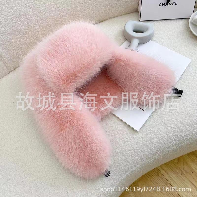 

Full-haired female thickened warm windproof imitation fur fox hair snow hat ear protector male winter one size fits all рожевий