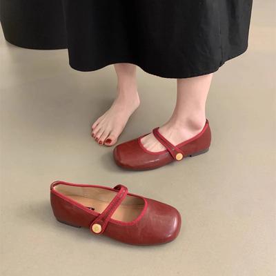 Light Mouth Red Single Shoes Female Spring and Autumn New Korean Version French Retro Fairy Style Ballet Soft Flat Mary Jane Shoes