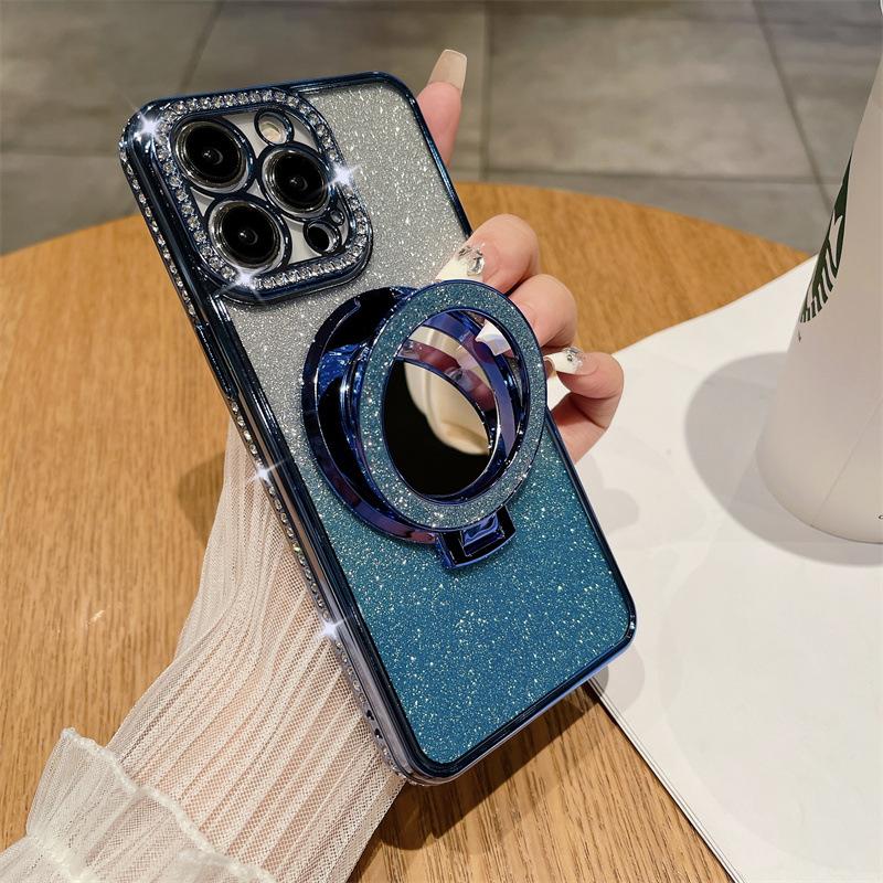 Applicable To iPhone17ProMax Electroplated Rhinestone Mobile Phone Case Apple 16Pro Mirror 15 Magnetic Suction Bracket 14 Sets
