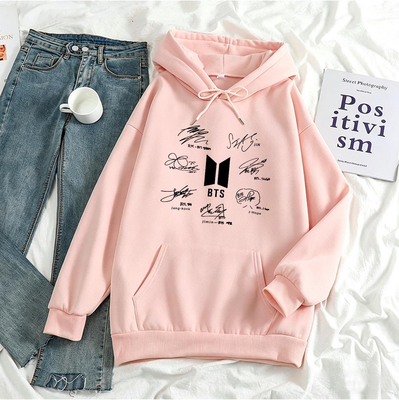 BTS Kapuzenpullover, Koreanischer Stil lockere Fleece-gefütterte Partner-Fan-Support-Jacke, trendiges Marken-Oberteil, vielseitig und lässig S rosa