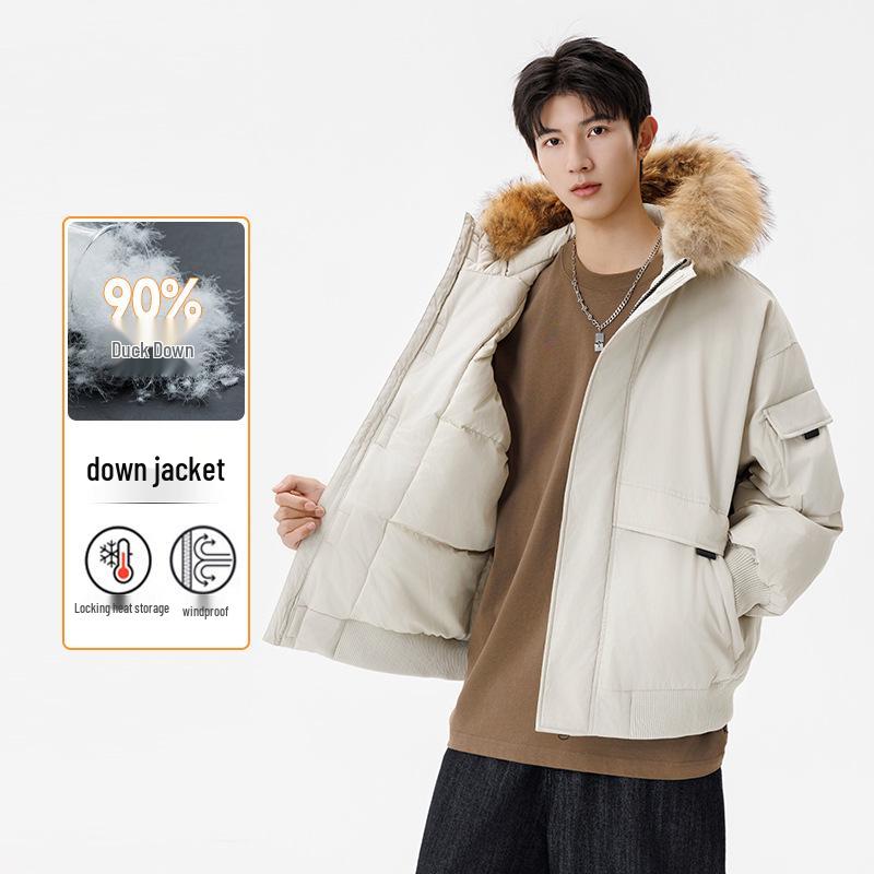 Men's and Women's Thickened Winter Down Jacket with Fur Collar, 90% White Duck Down Hooded Parka.