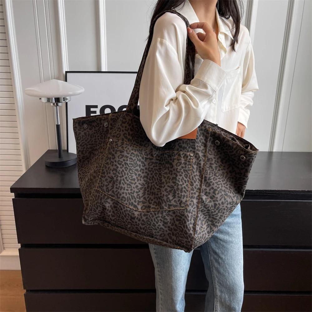 Oversized Leopard Prints Shoulder Bags For Women Deformable Canvas Large Capacity Shopping Totes 2024 Winter New Luxury Handbags