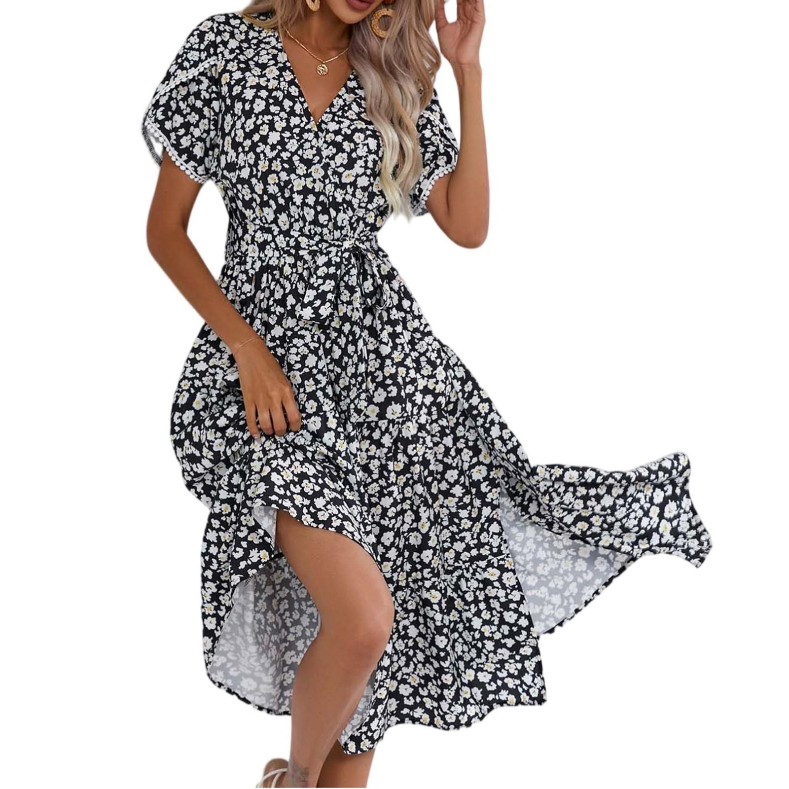 

Women s Dresses Printed V-Neck Waisted Mid-Length Short Sleeve Irregular Dresses L чёрный