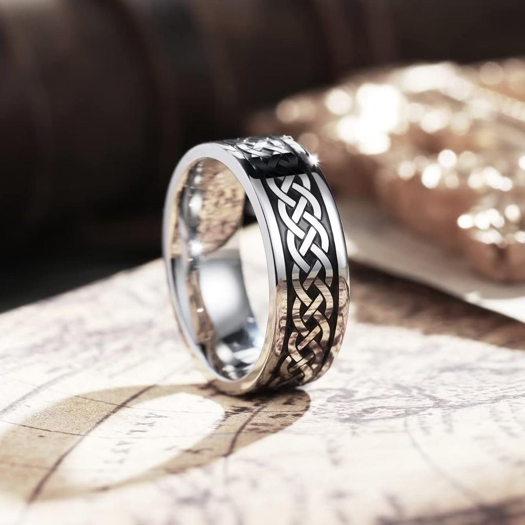 Stainless Steel Wedding Band for Men - 8mm Black Silver Color High Polished Inlay Celtic knot Ring for Everyday Wear Jewelry