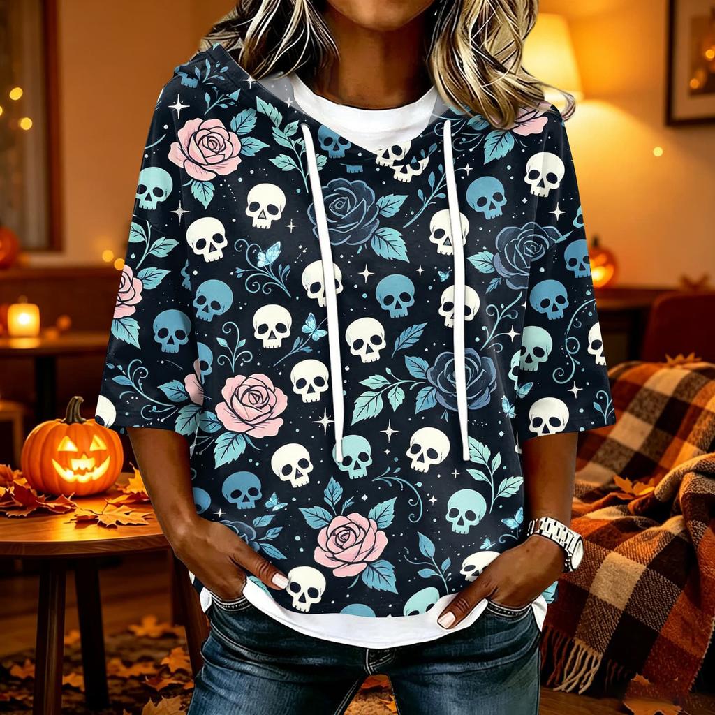 Women's Halloween Printed Hooded 3/4 Sleeve Casual Loose Fit Pullover