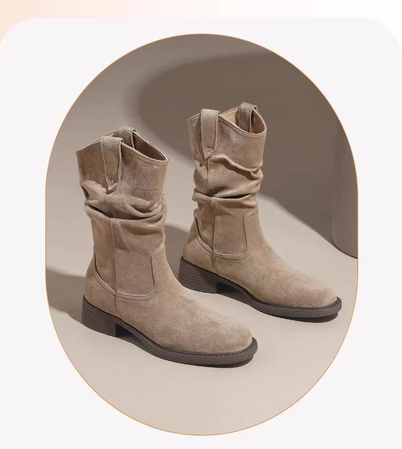 

Really soft leather~ Zhike Maillard short boots women s 2025 new retro Martin boots thick heel pile boots western cowboy boots 35 хаки